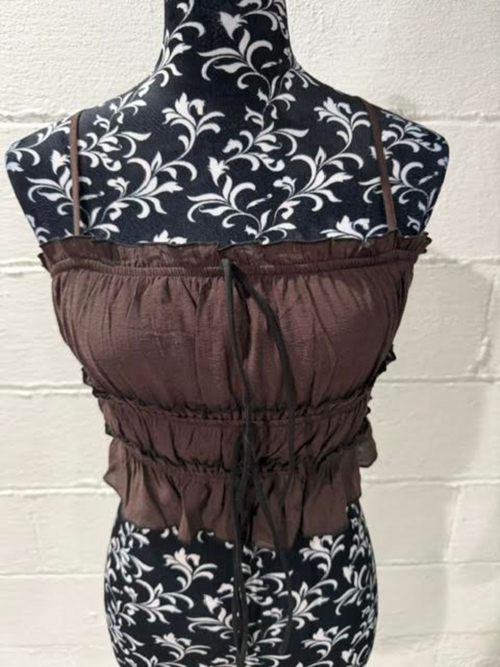 THIRTY THIRTY Brown Smocked Ruffle Cami Crop Top Milkmaid Y2K - XS